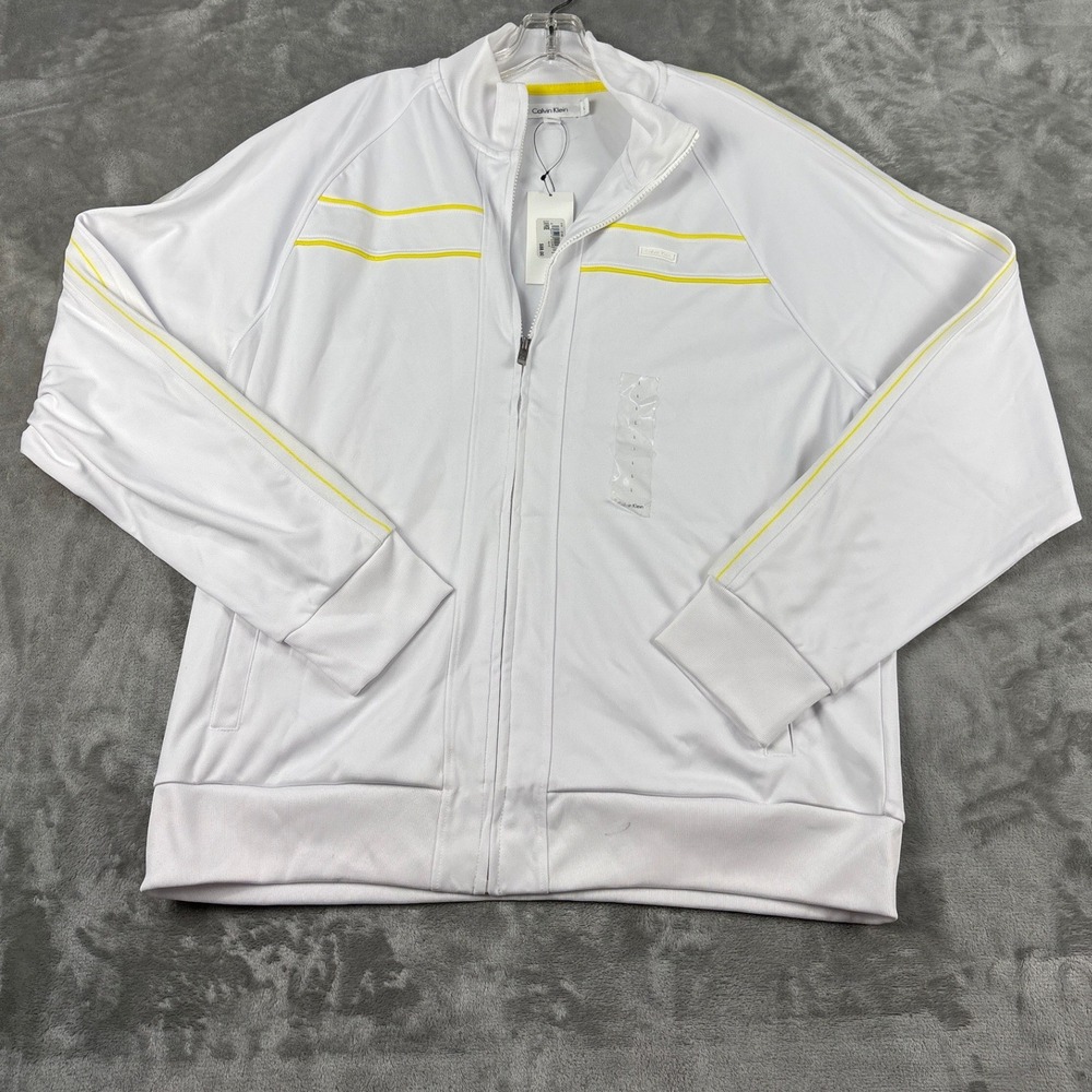 Calvin Klein Mens White Track Jacket Yellow Stripe Full Zip Mock Neck Large NEW